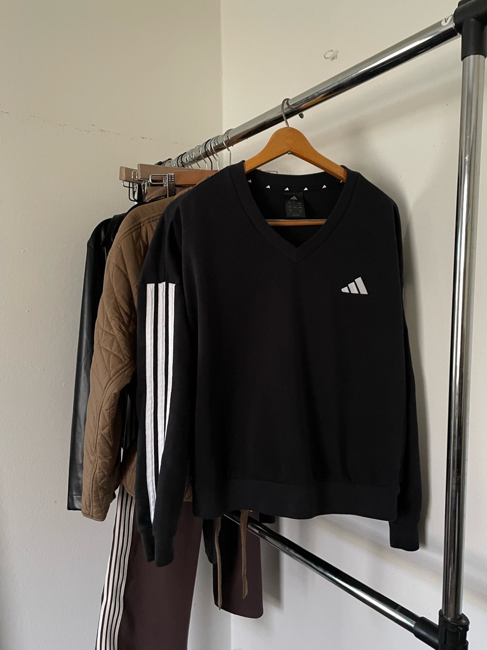 adidas Black V-Neck Sweater with White Stripe Accents